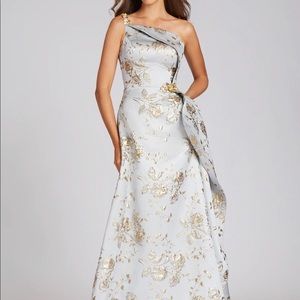 Teri Jon Gown Metallic Beaded One Shoulder Gown